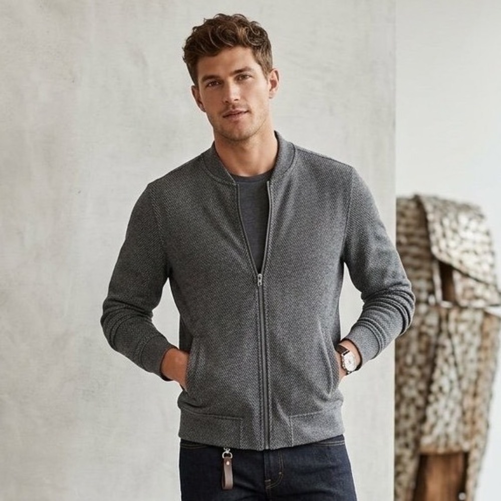 EXPRESS Men Herringbone Bomber Jacket Zipper Front Gray Size S NWOT